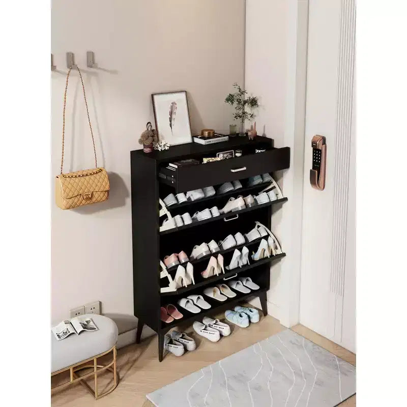 Meuble à chaussures Okak, meuble de rangement avec 3 tiroirs à poignée métallique et 1 étagère ouverte, meuble pour entrée