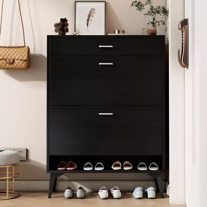 Meuble à chaussures Okak, meuble de rangement avec 3 tiroirs à poignée métallique et 1 étagère ouverte, meuble pour entrée