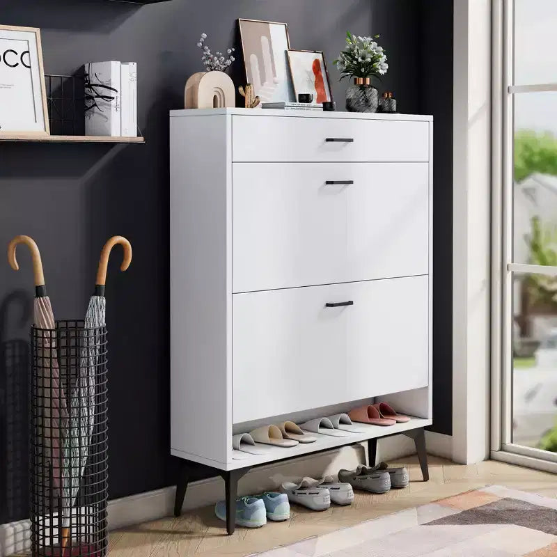 Meuble à chaussures Okak, meuble de rangement avec 3 tiroirs à poignée métallique et 1 étagère ouverte, meuble pour entrée