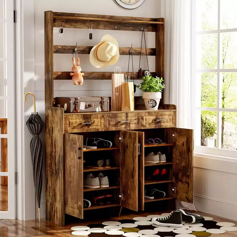 Meuble à chaussures Okak, armoire à chaussures avec quatre portes et porte-manteau, 3 tiroirs, 8 étagères, organisateur de chaussures pour couloir, entrée, salon