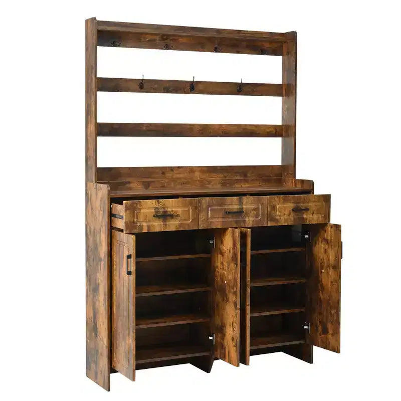 Meuble à chaussures Okak, armoire à chaussures avec quatre portes et porte-manteau, 3 tiroirs, 8 étagères, organisateur de chaussures pour couloir, entrée, salon