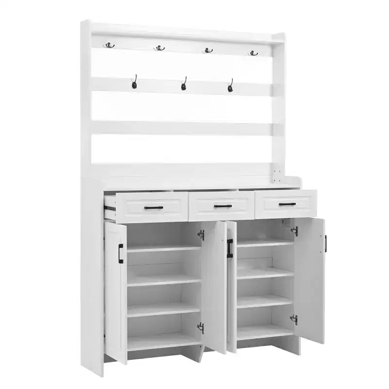 Meuble à chaussures Okak, armoire à chaussures avec quatre portes et porte-manteau, 3 tiroirs, 8 étagères, organisateur de chaussures pour couloir, entrée, salon