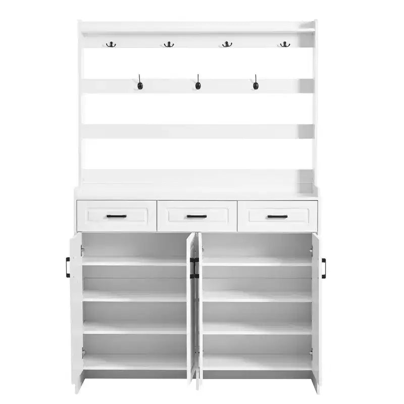 Meuble à chaussures Okak, armoire à chaussures avec quatre portes et porte-manteau, 3 tiroirs, 8 étagères, organisateur de chaussures pour couloir, entrée, salon
