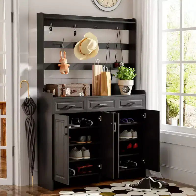 Meuble à chaussures Okak, armoire à chaussures avec quatre portes et porte-manteau, 3 tiroirs, 8 étagères, organisateur de chaussures pour couloir, entrée, salon