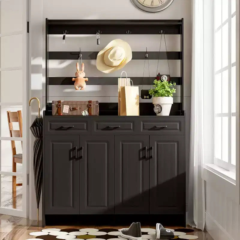 Meuble à chaussures Okak, armoire à chaussures avec quatre portes et porte-manteau, 3 tiroirs, 8 étagères, organisateur de chaussures pour couloir, entrée, salon