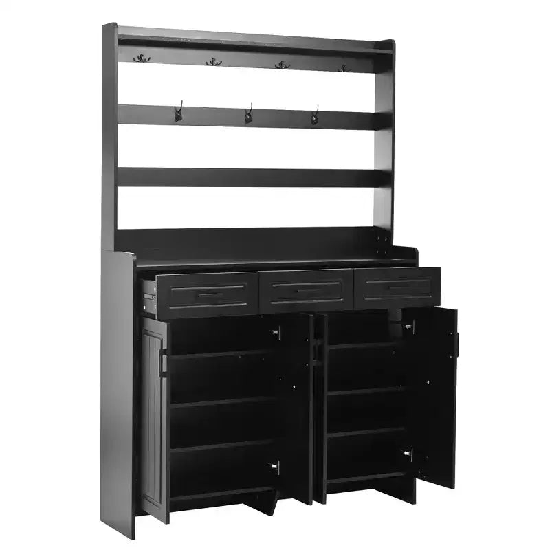Meuble à chaussures Okak, armoire à chaussures avec quatre portes et porte-manteau, 3 tiroirs, 8 étagères, organisateur de chaussures pour couloir, entrée, salon