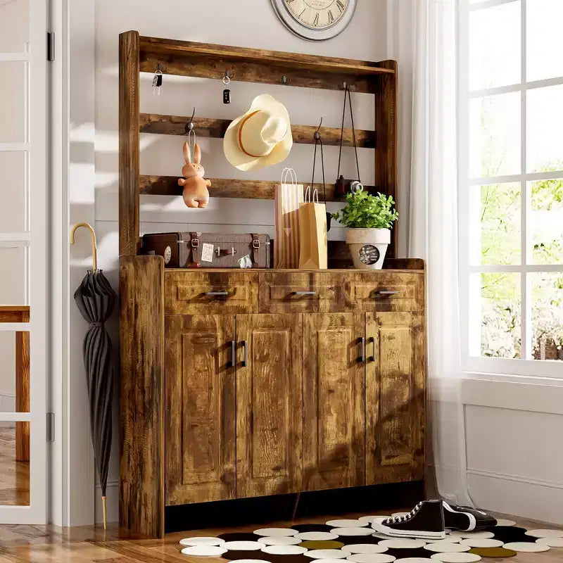 Meuble à chaussures Okak, armoire à chaussures avec quatre portes et porte-manteau, 3 tiroirs, 8 étagères, organisateur de chaussures pour couloir, entrée, salon