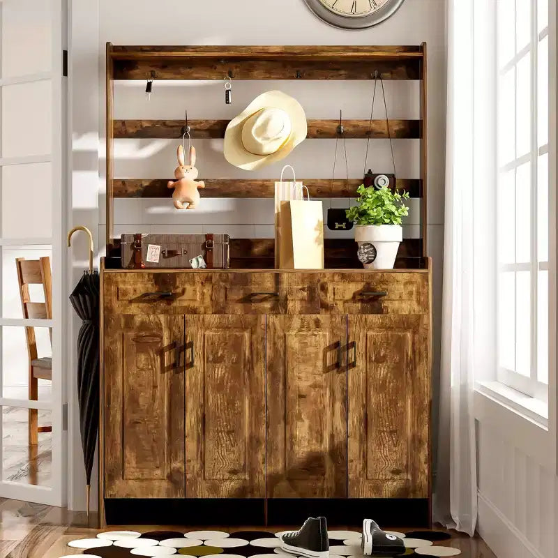 Meuble à chaussures Okak, armoire à chaussures avec quatre portes et porte-manteau, 3 tiroirs, 8 étagères, organisateur de chaussures pour couloir, entrée, salon