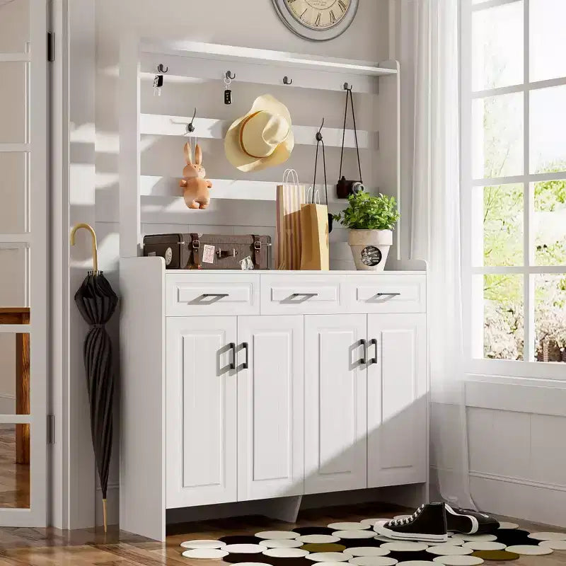 Meuble à chaussures Okak, armoire à chaussures avec quatre portes et porte-manteau, 3 tiroirs, 8 étagères, organisateur de chaussures pour couloir, entrée, salon