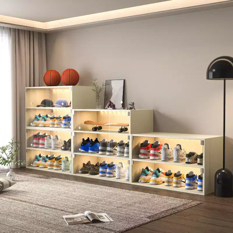 Meuble à chaussures Okak, Meuble à chaussures avec porte vitrée, Organisateur de chaussures pour chambre à coucher, salon, entrée