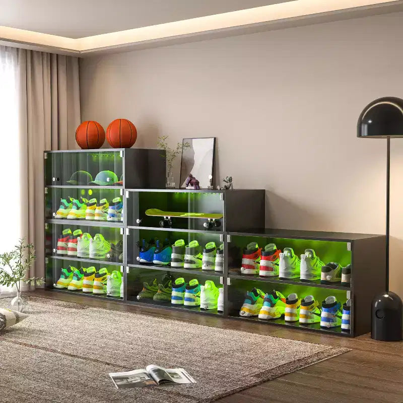 Meuble à chaussures Okak, Meuble à chaussures avec porte vitrée, Organisateur de chaussures pour chambre à coucher, salon, entrée