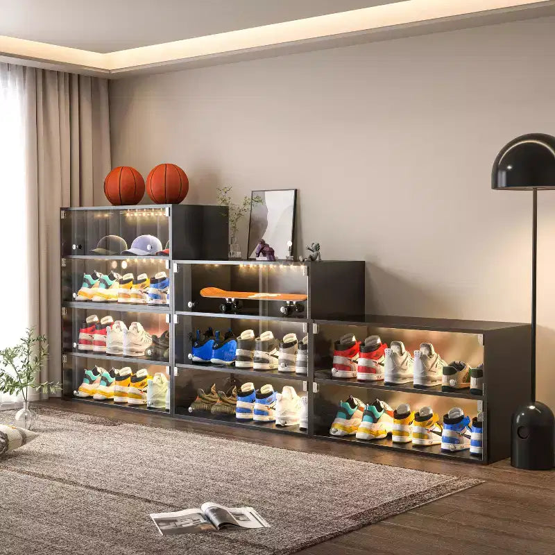 Meuble à chaussures Okak, Meuble à chaussures avec porte vitrée, Organisateur de chaussures pour chambre à coucher, salon, entrée
