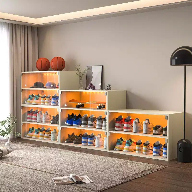 Meuble à chaussures Okak, Meuble à chaussures avec porte vitrée, Organisateur de chaussures pour chambre à coucher, salon, entrée