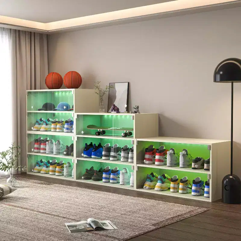 Meuble à chaussures Okak, Meuble à chaussures avec porte vitrée, Organisateur de chaussures pour chambre à coucher, salon, entrée