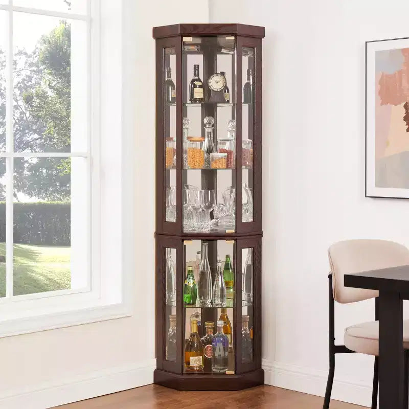 Meuble d'angle Okak avec 2 portes vitrées et étagères réglables en verre trempé, meuble d'angle pour salon, cuisine