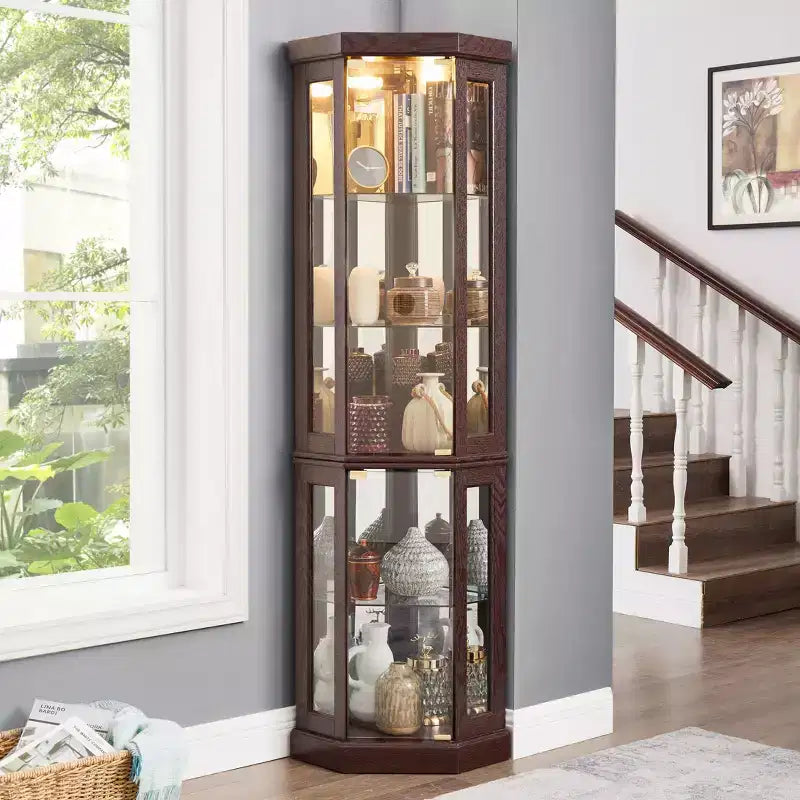 Meuble d'angle Okak avec 2 portes vitrées et étagères réglables en verre trempé, meuble d'angle pour salon, cuisine