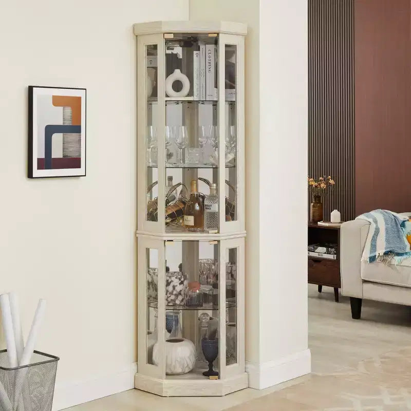 Meuble d'angle Okak avec 2 portes vitrées et étagères réglables en verre trempé, meuble d'angle pour salon, cuisine