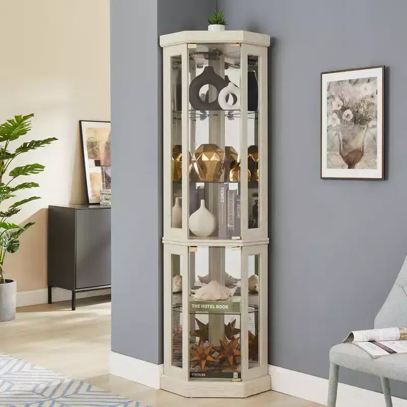 Meuble d'angle Okak avec 2 portes vitrées et étagères réglables en verre trempé, meuble d'angle pour salon, cuisine