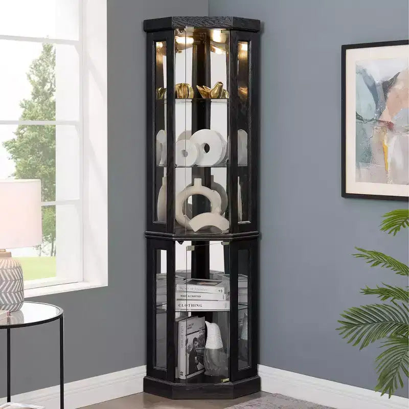 Meuble d'angle Okak avec 2 portes vitrées et étagères réglables en verre trempé, meuble d'angle pour salon, cuisine
