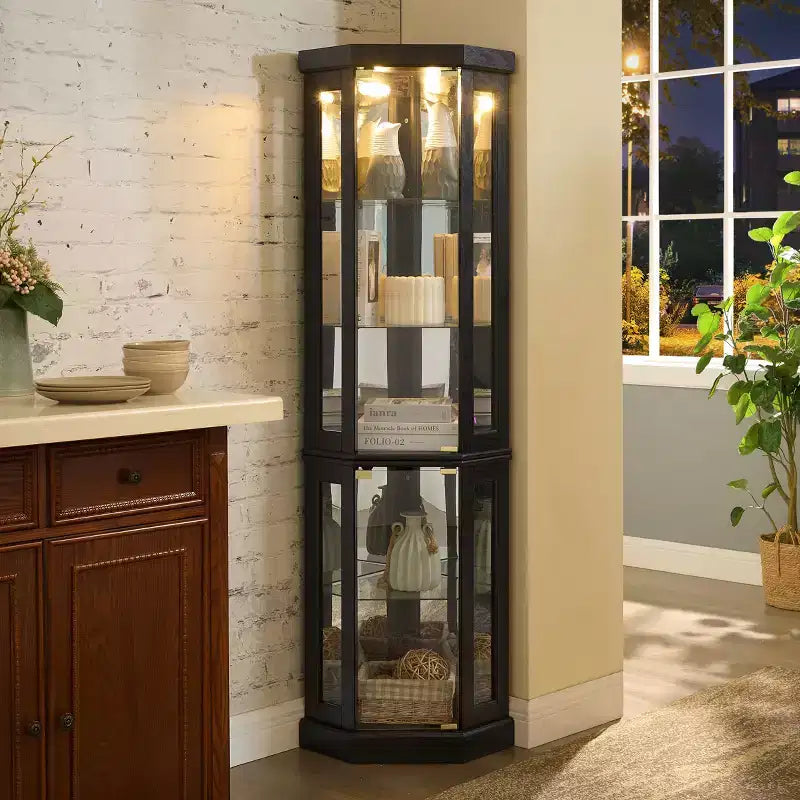 Meuble d'angle Okak avec 2 portes vitrées et étagères réglables en verre trempé, meuble d'angle pour salon, cuisine
