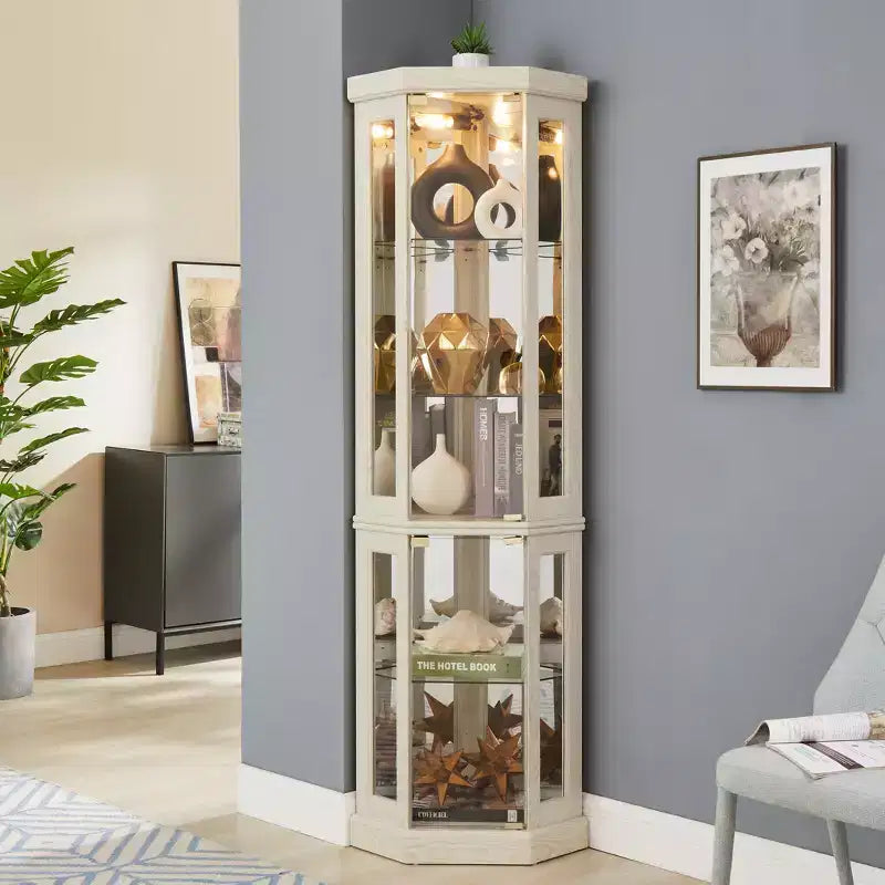 Meuble d'angle Okak avec 2 portes vitrées et étagères réglables en verre trempé, meuble d'angle pour salon, cuisine