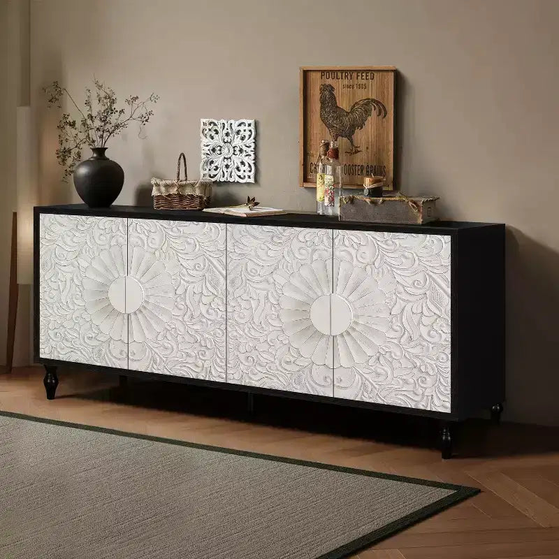 Meuble de rangement Okak avec porte sculptée de fleurs, meuble d'entrée avec poignée métallique, buffet pour salon