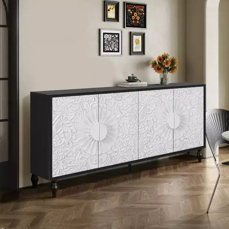 Meuble de rangement Okak avec porte sculptée de fleurs, meuble d'entrée avec poignée métallique, buffet pour salon