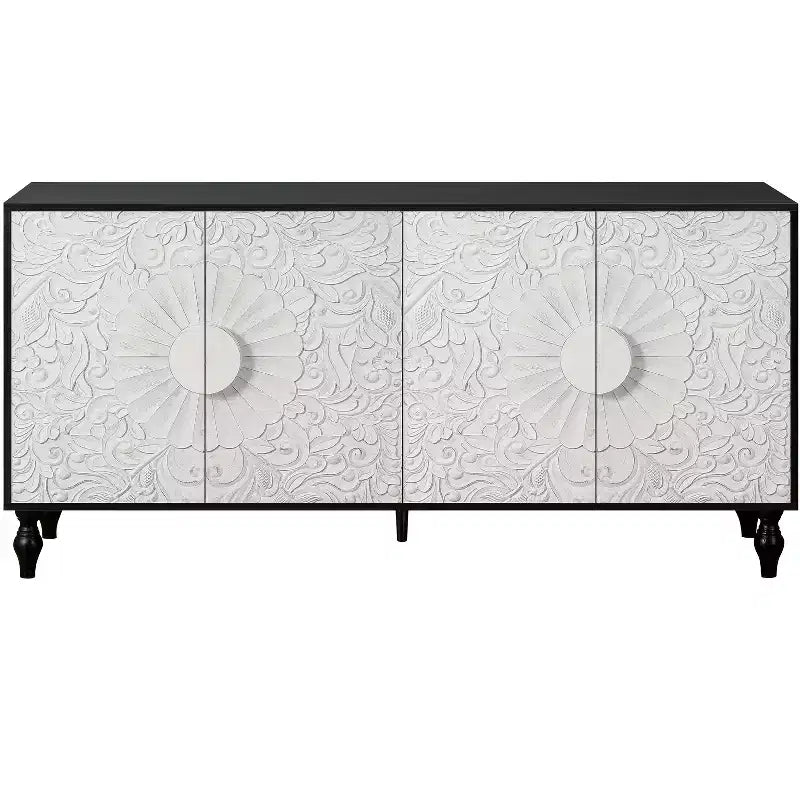 Meuble de rangement Okak avec porte sculptée de fleurs, meuble d'entrée avec poignée métallique, buffet pour salon