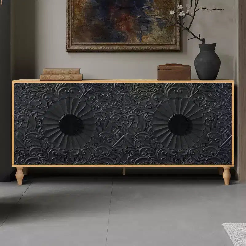 Meuble de rangement Okak avec porte sculptée de fleurs, meuble d'entrée avec poignée métallique, buffet pour salon
