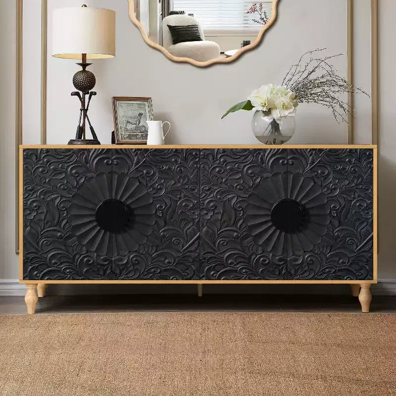 Meuble de rangement Okak avec porte sculptée de fleurs, meuble d'entrée avec poignée métallique, buffet pour salon