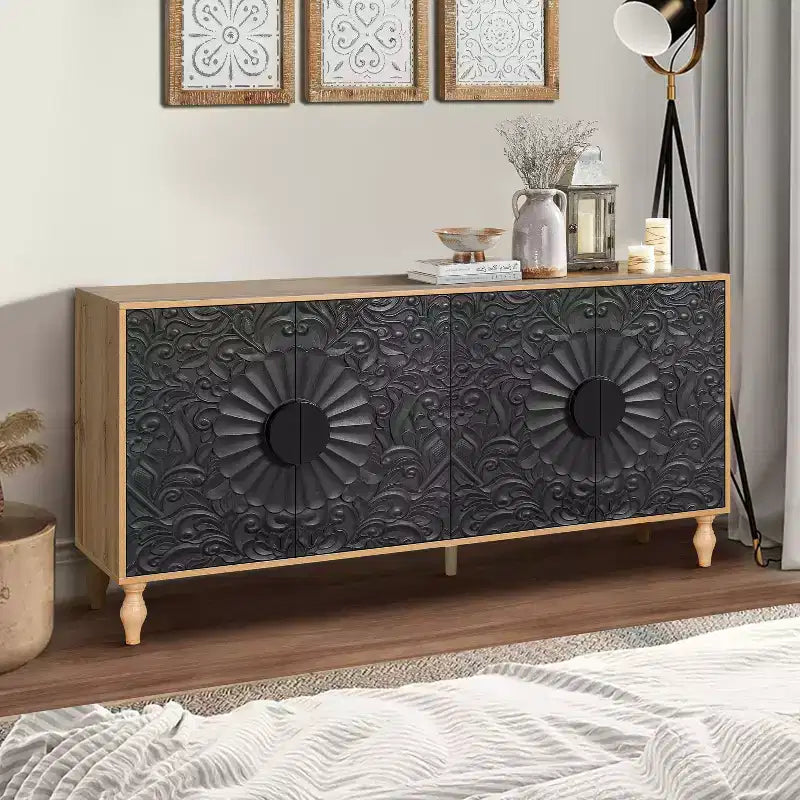 Meuble de rangement Okak avec porte sculptée de fleurs, meuble d'entrée avec poignée métallique, buffet pour salon