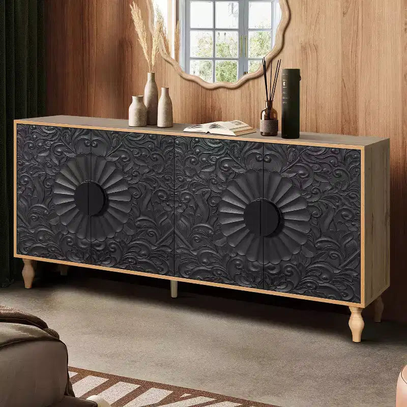 Meuble de rangement Okak avec porte sculptée de fleurs, meuble d'entrée avec poignée métallique, buffet pour salon