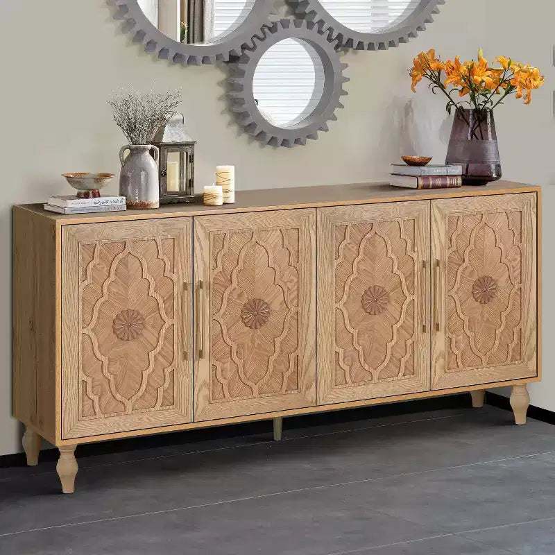 Meuble de rangement Okak avec porte sculptée de fleurs, meuble d'entrée avec poignée métallique, buffet pour salon