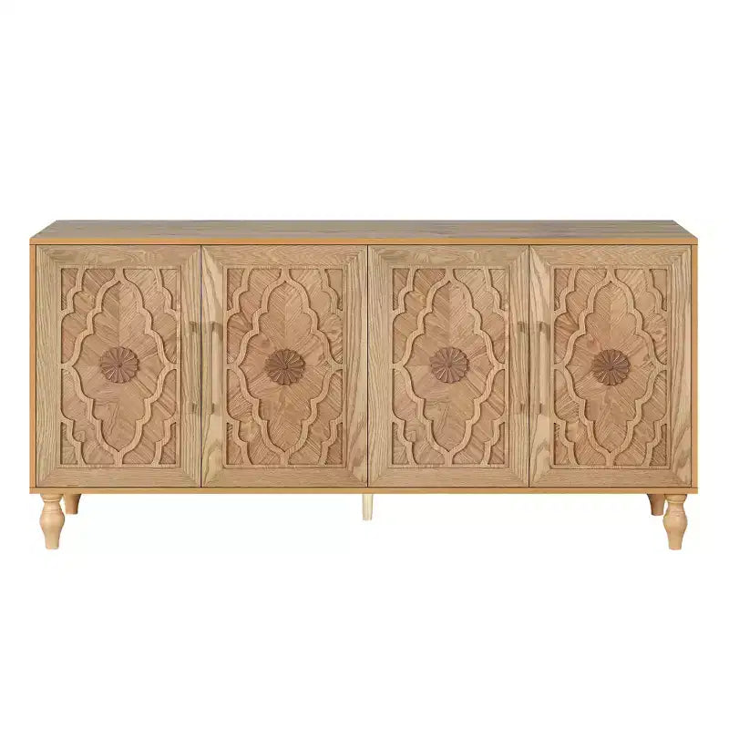 Meuble de rangement Okak avec porte sculptée de fleurs, meuble d'entrée avec poignée métallique, buffet pour salon