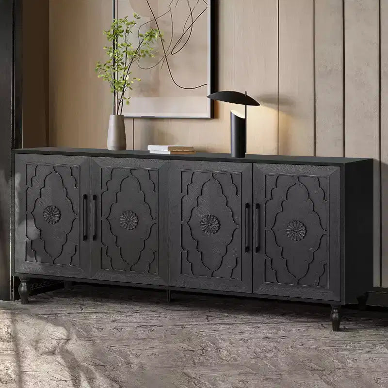 Meuble de rangement Okak avec porte sculptée de fleurs, meuble d'entrée avec poignée métallique, buffet pour salon