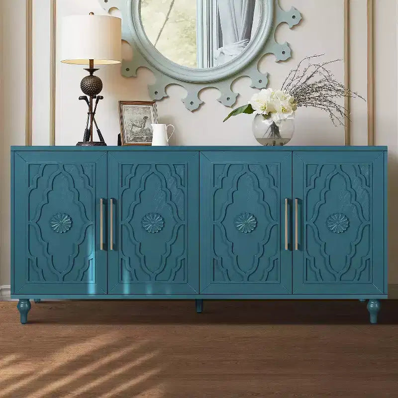 Meuble de rangement Okak avec porte sculptée de fleurs, meuble d'entrée avec poignée métallique, buffet pour salon