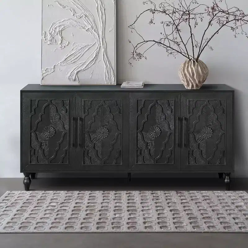 Meuble de rangement Okak avec porte sculptée de fleurs, meuble d'entrée avec poignée métallique, buffet pour salon