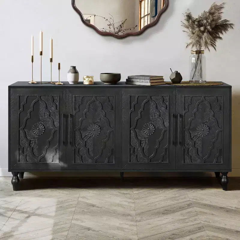 Meuble de rangement Okak avec porte sculptée de fleurs, meuble d'entrée avec poignée métallique, buffet pour salon