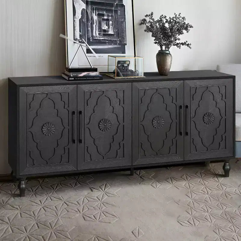 Meuble de rangement Okak avec porte sculptée de fleurs, meuble d'entrée avec poignée métallique, buffet pour salon