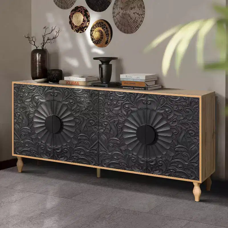Meuble de rangement Okak avec porte sculptée de fleurs, meuble d'entrée avec poignée métallique, buffet pour salon