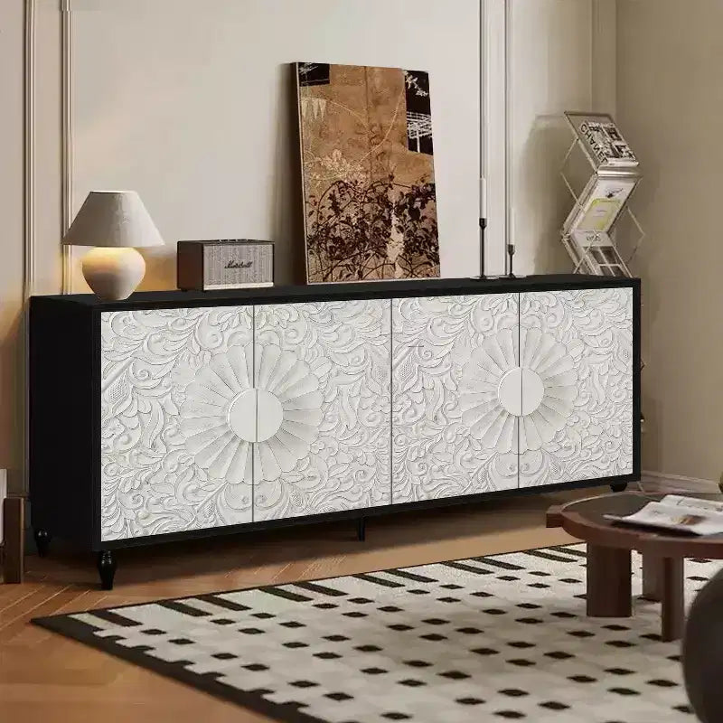 Meuble de rangement Okak avec porte sculptée de fleurs, meuble d'entrée avec poignée métallique, buffet pour salon