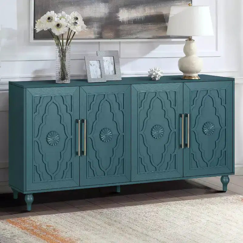Meuble de rangement Okak avec porte sculptée de fleurs, meuble d'entrée avec poignée métallique, buffet pour salon