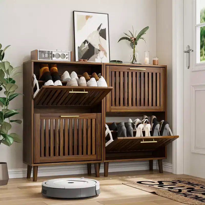 Meuble à chaussures moderne Okak de 60 cm, organisateur de chaussures autoportant avec 2 tiroirs basculants, armoire à chaussures pour entrée, salon, couloir, noyer
