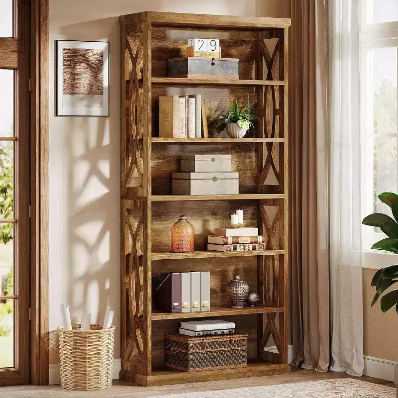 Lantine 6-Tier Wooden Bookshelf, 71 Tall Freestanding Bookcase, Industrial Display Shelves for Home Office, Living Room, Brown