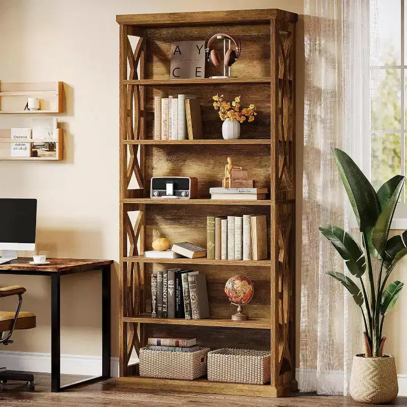 Lantine Étagère à Livres 6 Niveaux en Bois, Bibliothèque Autoportante de 180 cm de Haut, Étagères de Rangement Industrielles pour Bureau à Domicile, Salon, Marron