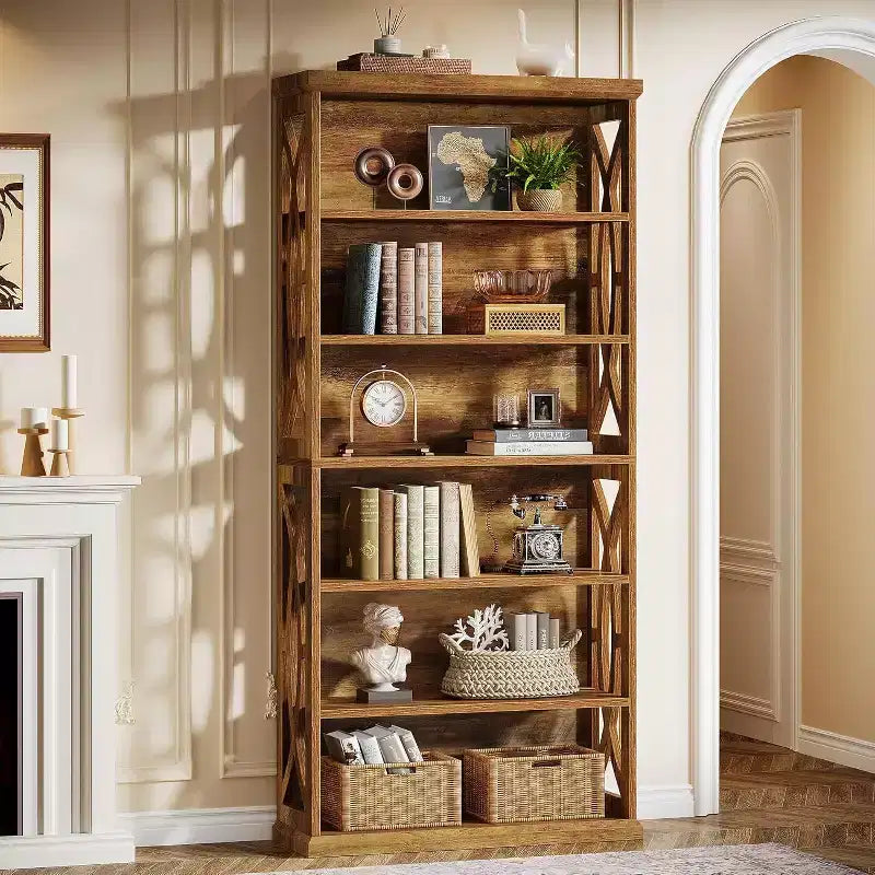 Lantine Étagère à Livres 6 Niveaux en Bois, Bibliothèque Autoportante de 180 cm de Haut, Étagères de Rangement Industrielles pour Bureau à Domicile, Salon, Marron