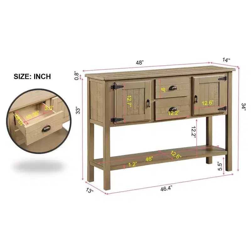 Hostack Table console en bois massif 122 cm avec 2 tiroirs et placards pour salon et salle à manger, rustique