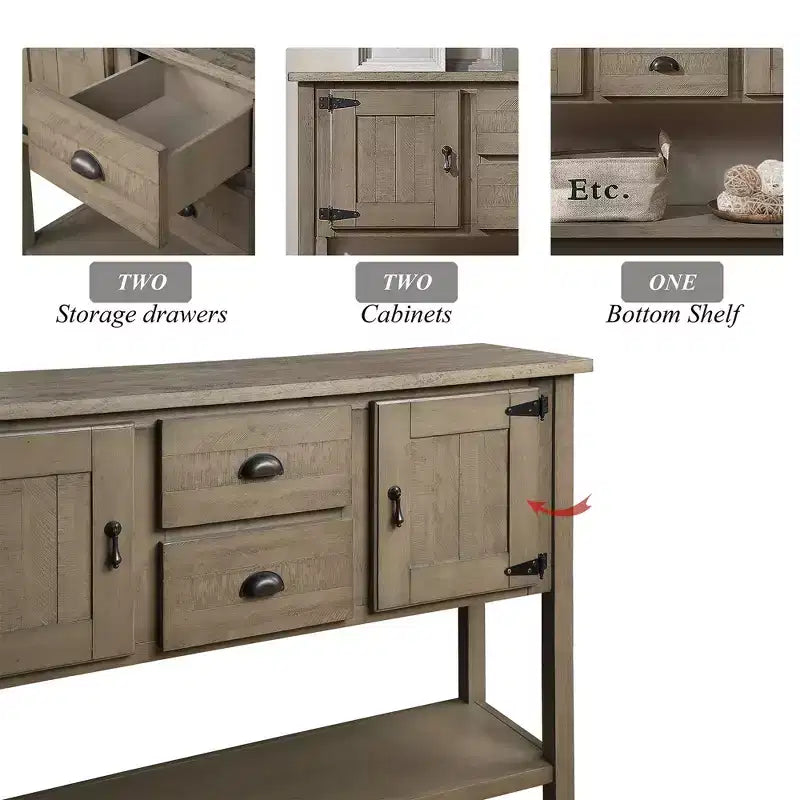 Hostack Table console en bois massif 122 cm avec 2 tiroirs et placards pour salon et salle à manger, rustique