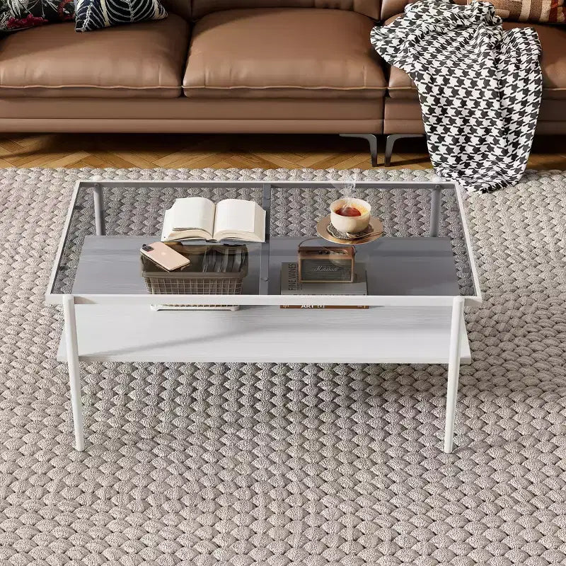 Table basse rectangulaire avec plateau et pieds en verre trempé gris, table de salon moderne
