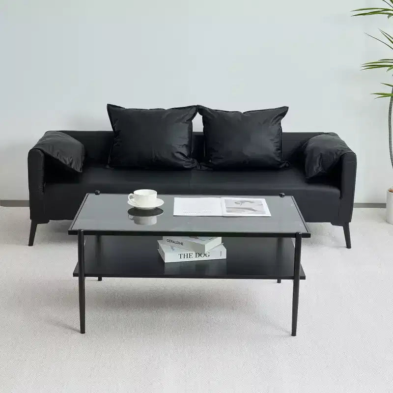 Table basse rectangulaire avec plateau et pieds en verre trempé gris, table de salon moderne